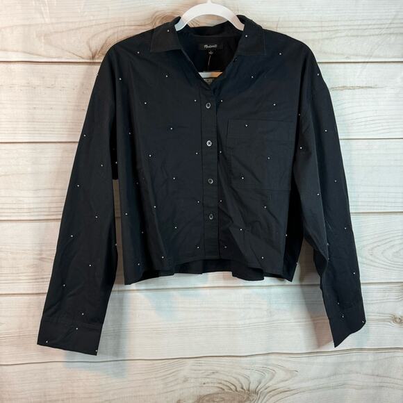 Madewell Black Poplin Embellished Cropped Button-Up Shirt Size Large - Picture 1 of 7